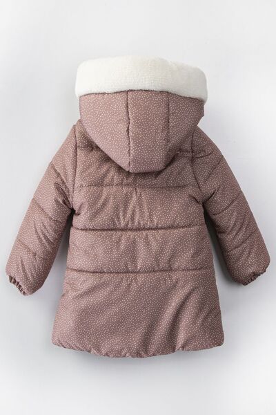 PODİUM GİYİM Sevimli Tasarım Tavşan Oyuncaklı Soft Kumaş Puantiyeli Varaklı Içi Kürklü Cepli Kışlık Kaban- Mont