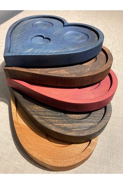 Davi Ahşap Special for Mother's Day - Set with Cup and Water Cup Wooden Coffee Presentation Plate 3 Pieces