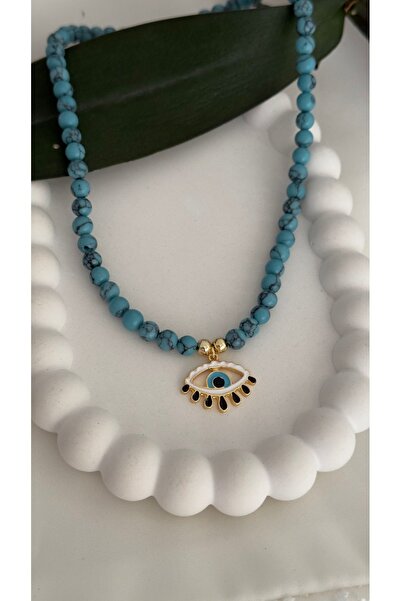 Brillo Turkuaz Göz Detaylı Boncuk Kolye