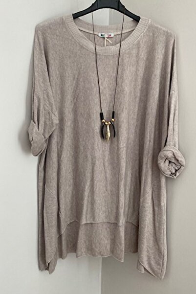 AYASOFYA OTANTIK Γυναικείο ιταλικό μπεζ πλεκτό πουλόβερ με λαιμόκοψη casual oversize