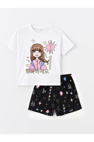 LC Waikiki Set de pijamale pentru fete cu pantaloni scurți - decolteu, imprimat