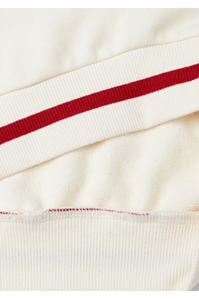 United Colors of Benetton Момичешки суитшърт с V-образно деколте, оребрен в екрю - контрастен цвят и детайлен маншет