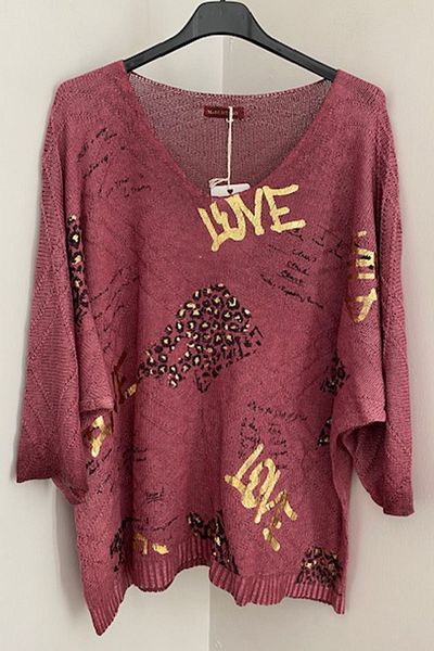 AYASOFYA OTANTIK Claret Red V-Neck Leather Knitwear Blouse - Italian Print, Three-Quarter Sleeve Sweater