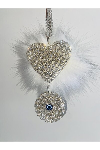 Arabasına Aşıklar Kulubü Gümüş taşlı beyaz tüylü kalp altında nazarlık dikiz ...