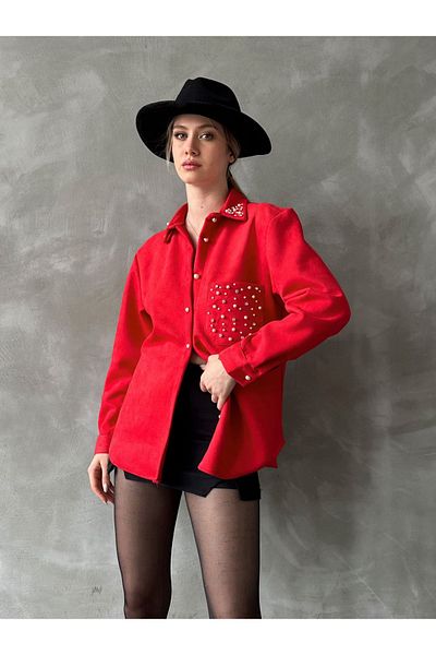 Miss Allos Cămașă de damă din piele intoarsă cu mânecă lungă, cu detaliu de piatră și perle și buzunare