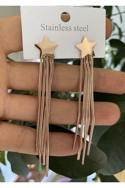 Arescollection Stainless Steel Star Detail Chain Dangle Earrings