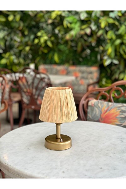 Maison Avf Rafya & Hasır Masa Üstü Led Kablosuz Pilli Abajur Eskitme Gold Saçaksız