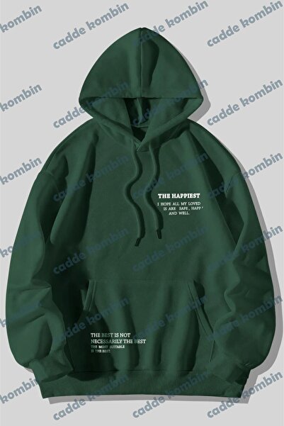 caddekombin Unisex Yeşil Happiest Baskılı Oversize Kapşonlu