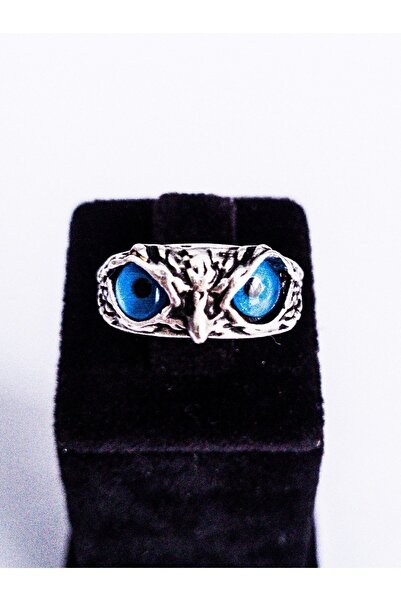 Antique Dolunay Antik Gümüş Kaplama El Yapımı Ayarlanabilir Cam Taşlı Mavi Gözlü Baykuş Şekilli Yüzük