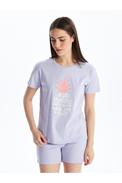 LC Waikiki Dámské pyžamo s krátkým rukávem a šortkami s potiskem Crew Neck