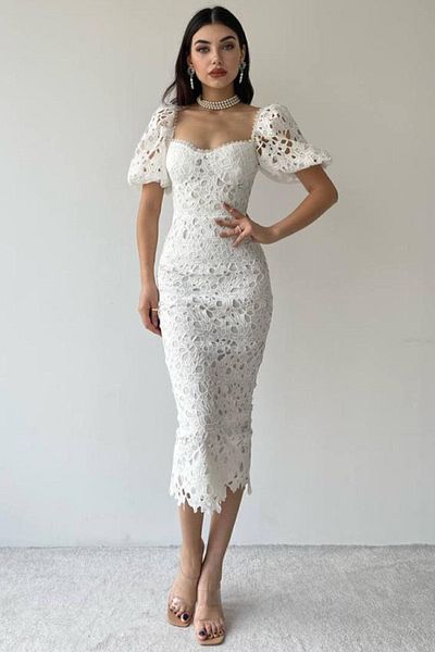 Özel Tasarım Rochie din dantelă festonată din guipur cu guler alb cu design special
