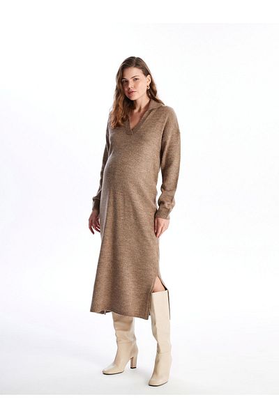 LC Waikiki Umstands-Strickkleid – Polokragen, einfarbig, lange Ärmel