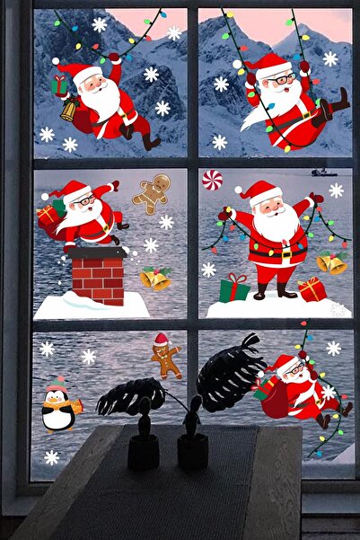 Echo Home Yılbaşı Sticker Sevimli Noel Baba Ve Kar Taneleri Pencere Duvar Süsü