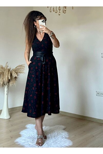 AZRA BUTİK Star Patterned Crepe Dress with zero Sleeve