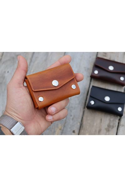 Derici Amca Genuine Italian Calf Leather, Handmade, Minimal Silver Snap Fastener Small Wallet Card Holder Camel