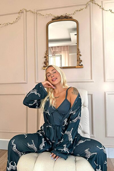 Pijamaevi Petrol Zebra Desenli Termal Sabahlıklı Kadın Pijama Takımı