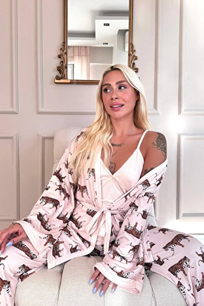 Pijamaevi Thermal bézs tigris mintás női pizsama és pongyola szett