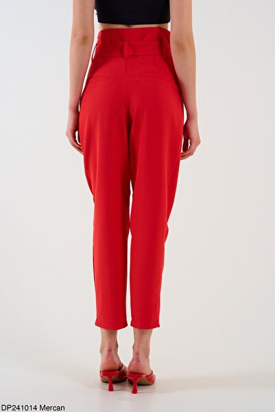 Liora Red Extra High Waist Belted Women's Trousers