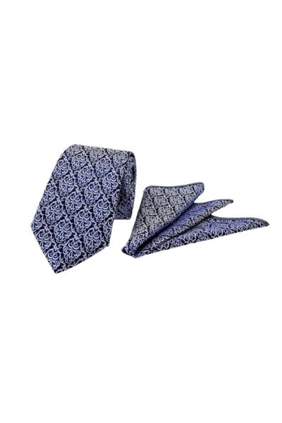 VENCHY ربطة عنق منديل بنمط عرقي باللون الأزرق الداكن والأبيض 7705-3mk