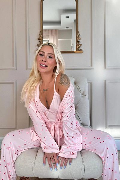 Pijamaevi Thermal Pajamas and Dressing Gown Set - Pink Heart Pattern