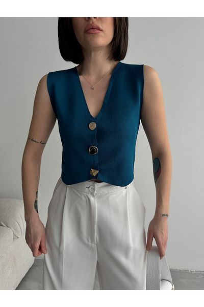 Lusin Women's Navy Blue V-Neck Stylish Button Detailed Summer Fabric Knitwear Vest