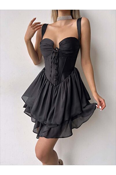 BEAUTY FASHİON Kadın Abiye Kalın Askılı Korse Görünümlü Önü Düğme Detaylı Mini Abiye & Mezuniyet Elbisesi