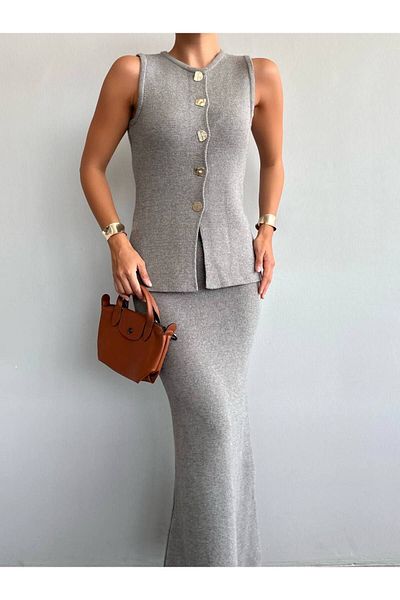 Liora Gray Asymmetrical Vest and Skirt Set - Gold Buttoned