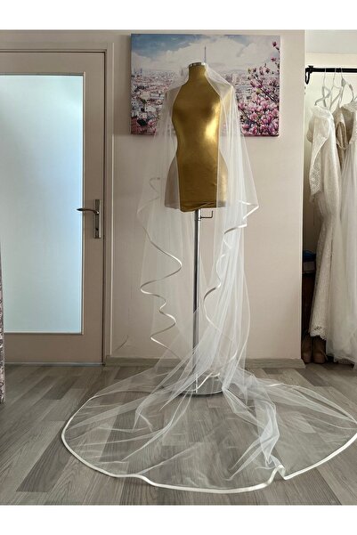 TUĞÇE ÜNVERENLER Gelin Uzun Krem Renk 3mt Saten Biyeli Hayal Tül Rahibe Duvak