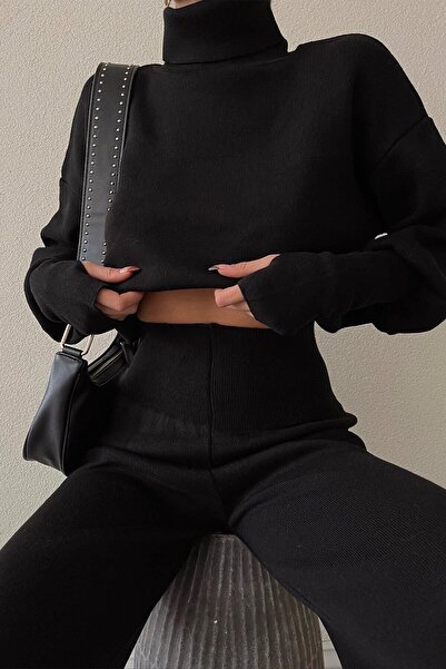 CIQULATA Kötött Crop nadrág szett fekete