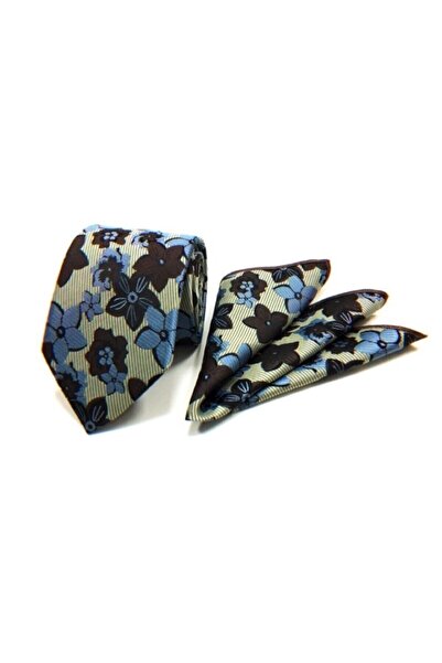 VENCHY ربطة عنق على شكل زهرة زرقاء ذهبية مع منديل