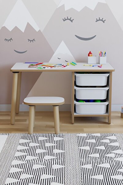 POFİTTO Çocuk Masa Takımı 90x45 Cm 3 Sepetli Çocuk Çalışma Masası Aktivite Masası Yaz-sil 1 Adet Tabureli