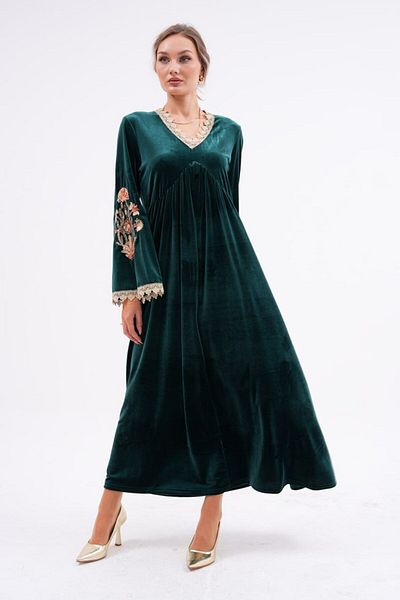 AYASOFYA OTANTIK Rochie lungă de damă din catifea cu broderie verde și detaliu din dantelă