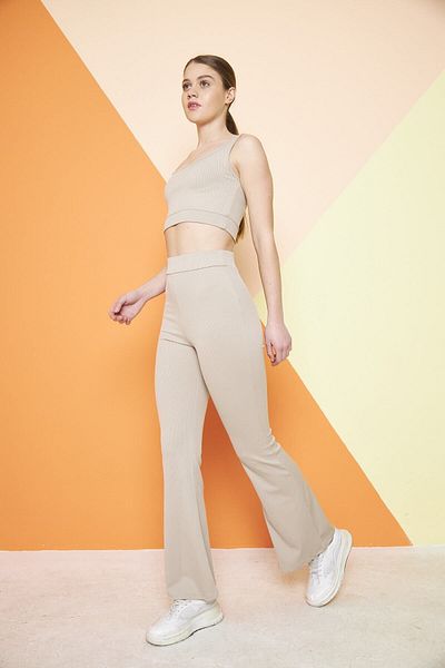 THIFF GYMWEAR Jambiere de damă tricotate interlock cu talie înaltă, cu nervuri evazate