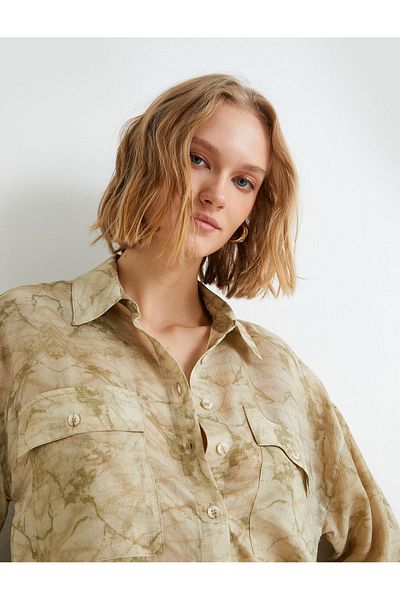 Koton Oversize Hemd Langarm Tasche Detaillierte Klassische Kragen Abstraktes Muster