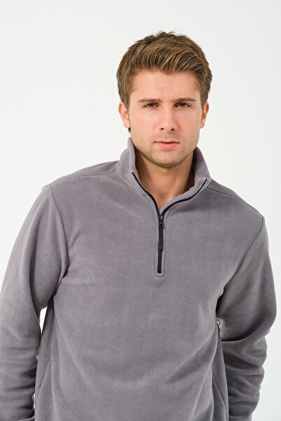 vawensea Men's Half Zippered Stand Collar Non Pilling Fleece Gray