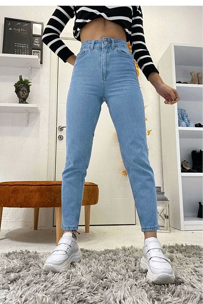 DRC trend Blugi din denim cu talie înaltă Loa albastru deschis Mom Lycra