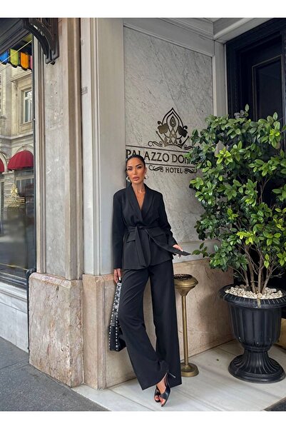 Rabury Butik طقم بليزر بحزام من القرنفل وبنطلون بالازو