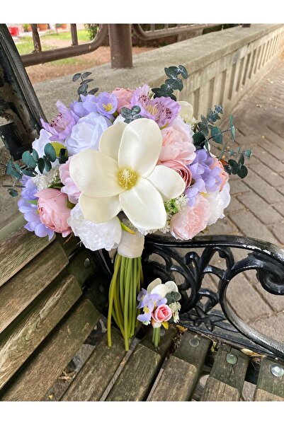 Buketlife Soft renkli manolya ve okaliptuslu gelin çiçeği ve yaka çiçeği