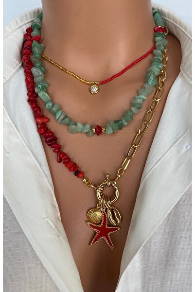 Trend Jewellery ( 3 KOLYE ) Kırmızı Mercan Yeşil Aventurin Çelik Zincir Yıldı...