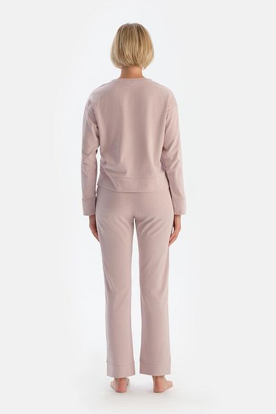 Dagi Long Sleeve Lilac T-Shirt and Trousers Pajama Set - Slogan Print Detailed
