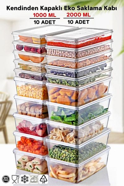 Hilamingo Home 1 Lt. and 2 Lt. Capacity - Set of 20 Storage Containers with Self Cover, Suitable for Deep Freezer
