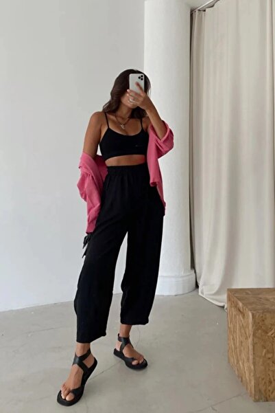 MY IMAGINE MODA Siyah Cepli Ayrobin Şalvar Pantolon