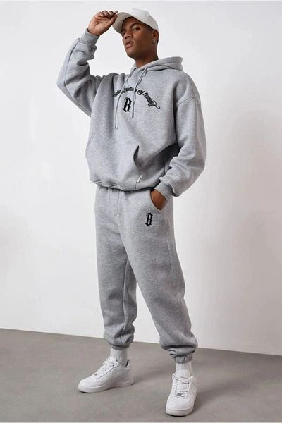 Altamira Men's Gray Fearless Printed Oversize Hooded Tracksuit Set