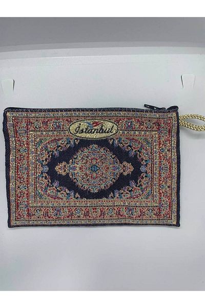 GALATA GIFT Traditional Patterned, Red, Navy Blue Color, Gold Gilt Zippered Women's Wallet, 16x10cm