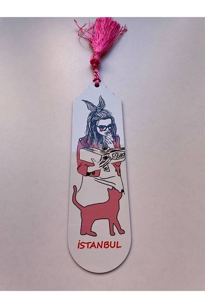 GALATA GIFT Κορίτσι με κορδέλα μαλλιά, θέμα γάτα, Κωνσταντινούπολη, ροζ-λευκή φούντα σελιδοδείκτης