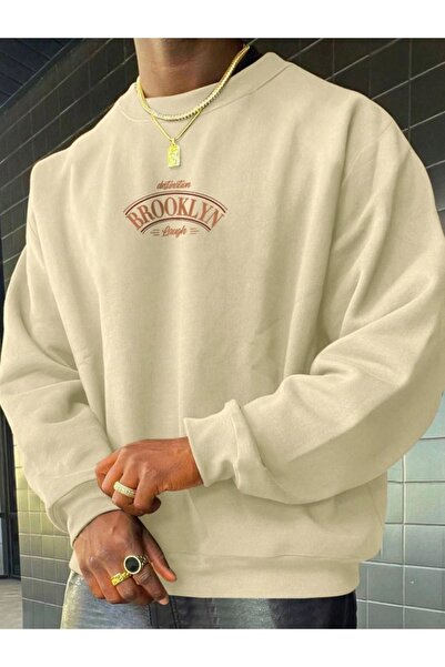 Altamira Ανδρικό φούτερ σε μπεζ Brooklyn Lought με στάμπα Oversize Crew Neck