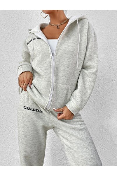 Altamira طقم بدلة رياضية كبيرة الحجم بغطاء للرأس ومطبوعة باللون الرمادي سييرا للسيدات