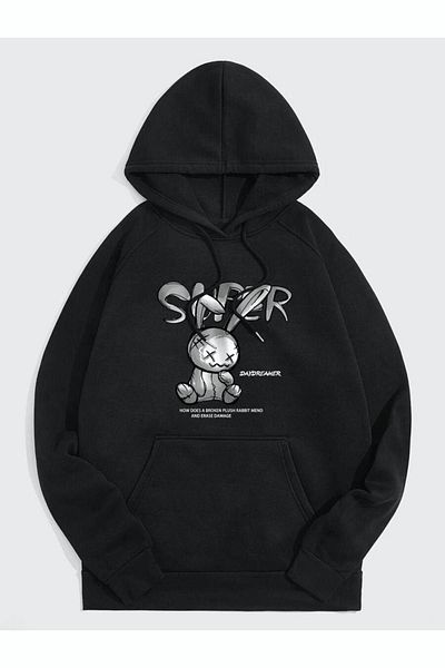 Altamira Unisex Black Rabbit Printed Oversize Hooded Sweatshirt