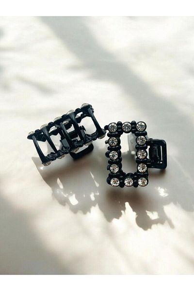 GALATA GIFT Cataramă elegantă de 2,5 cm - culoare neagră, strasuri translucide, două bucăți, formă dreptunghiulară, cleme