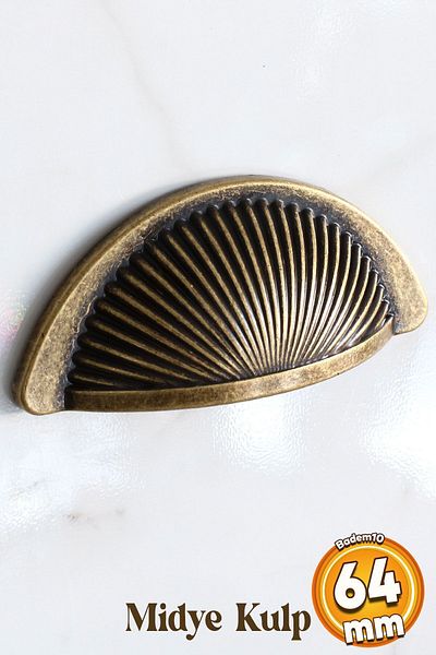 Badem10 Yelken Midye Tas Dish 64 mm Buton anticat Mobilier galben antic Mâner dulap de bucătărie Mâner